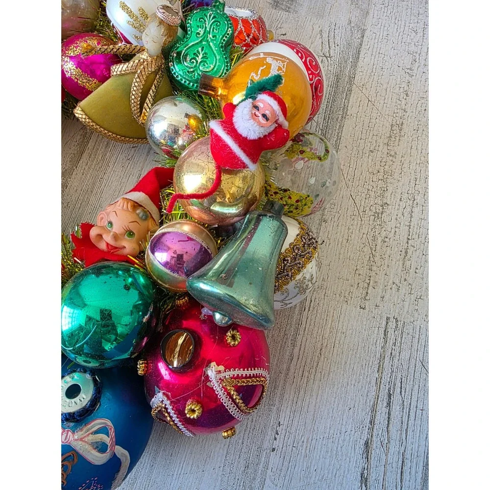 Antique vintage glass ornament wreath pixie knee hugger Santa Xmas hanging decor
